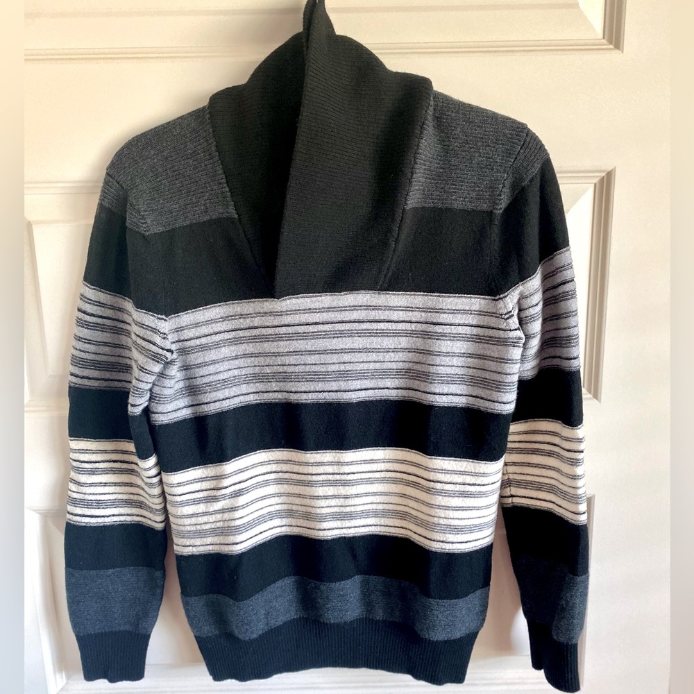 Armani Exchange Black, Gray & White Striped Shawl Collar Sweater